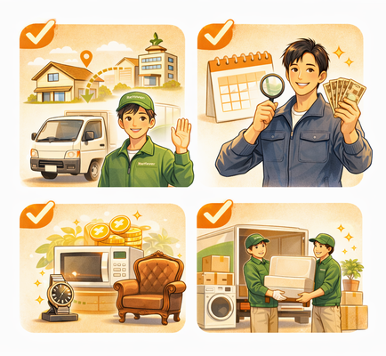 出張買取・即日査定・高価買取・不用品回収同時対応をイメージしたイラスト