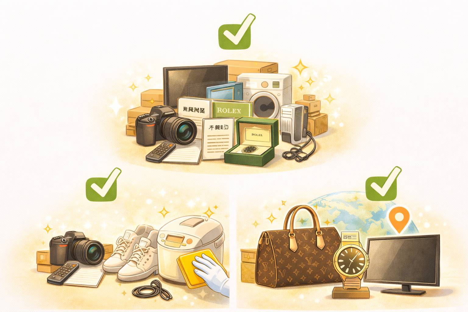 付属品完備・良好な状態・人気ブランド商品が高価買取につながることを表現したイラスト