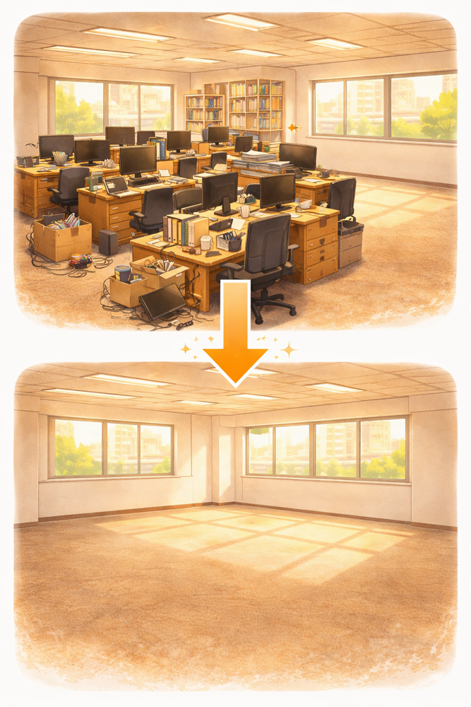 オフィスの残置物撤去前と撤去後を表現したビフォーアフターのイラスト